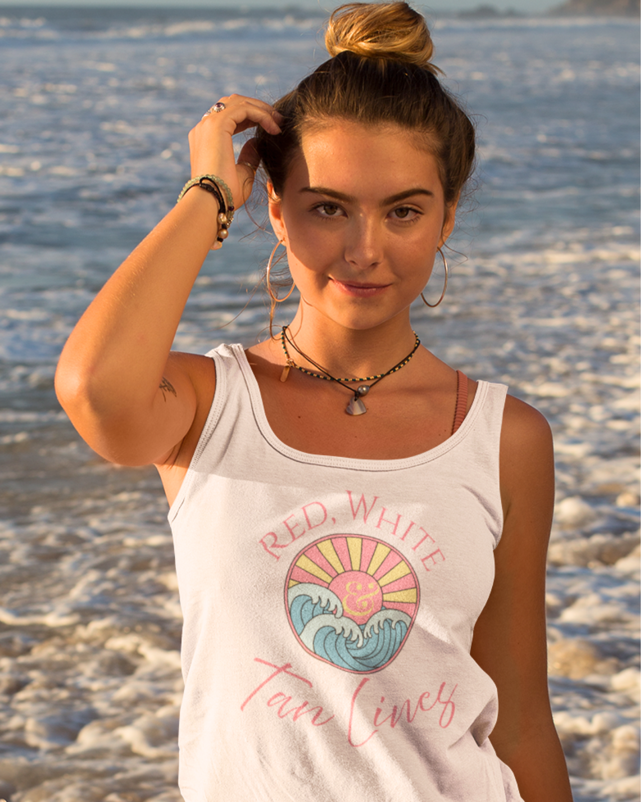 Red, White & Tan Lines Patriotic Racerback Tank | Coastal Beach Tank Top | Summer Americana Tank