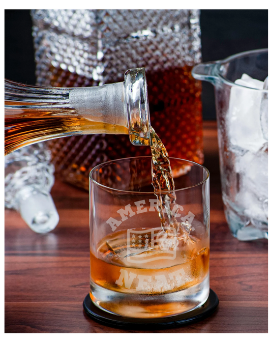 America. Neat Etched Whiskey Glass